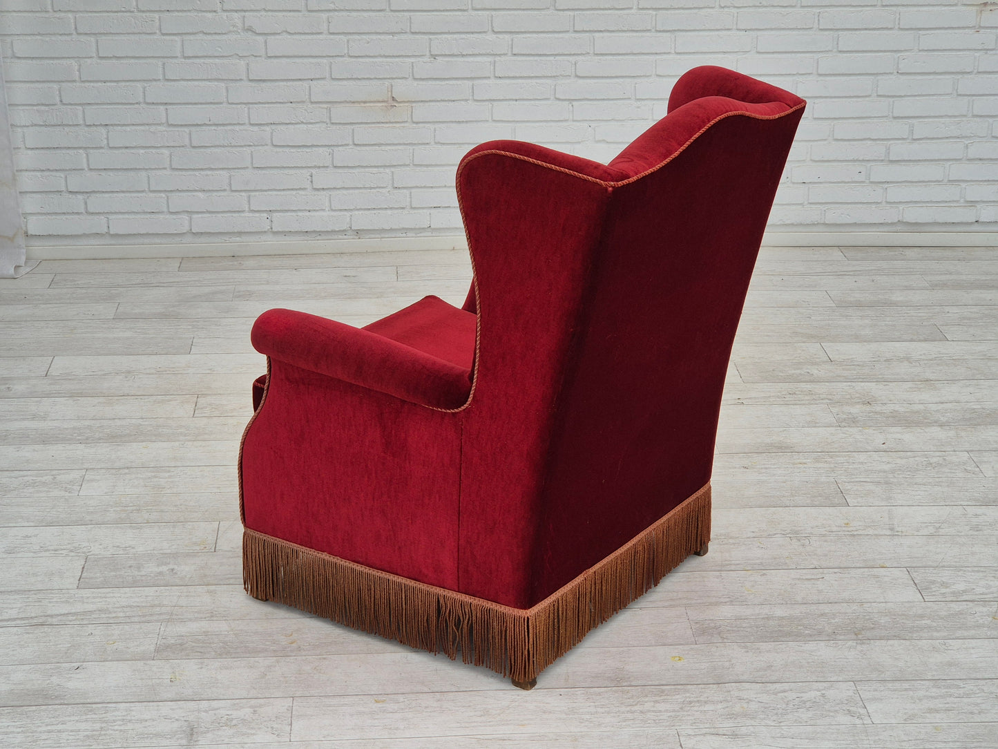 1970s, Danish highback wingback armchair, original condition, furniture velour, ash wood.