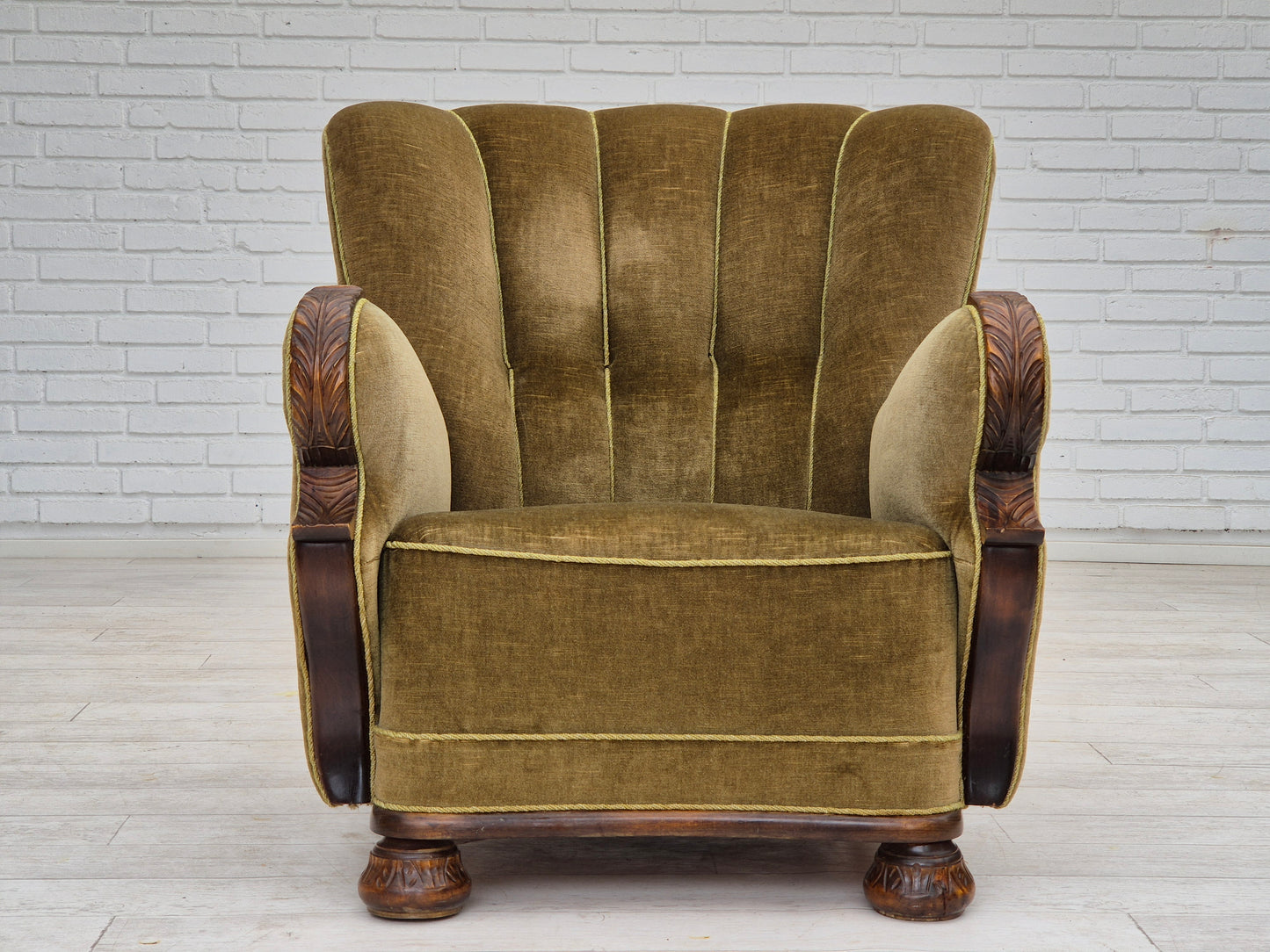 1960s, Danish vintage armchair, furniture velour, dark beech wood.