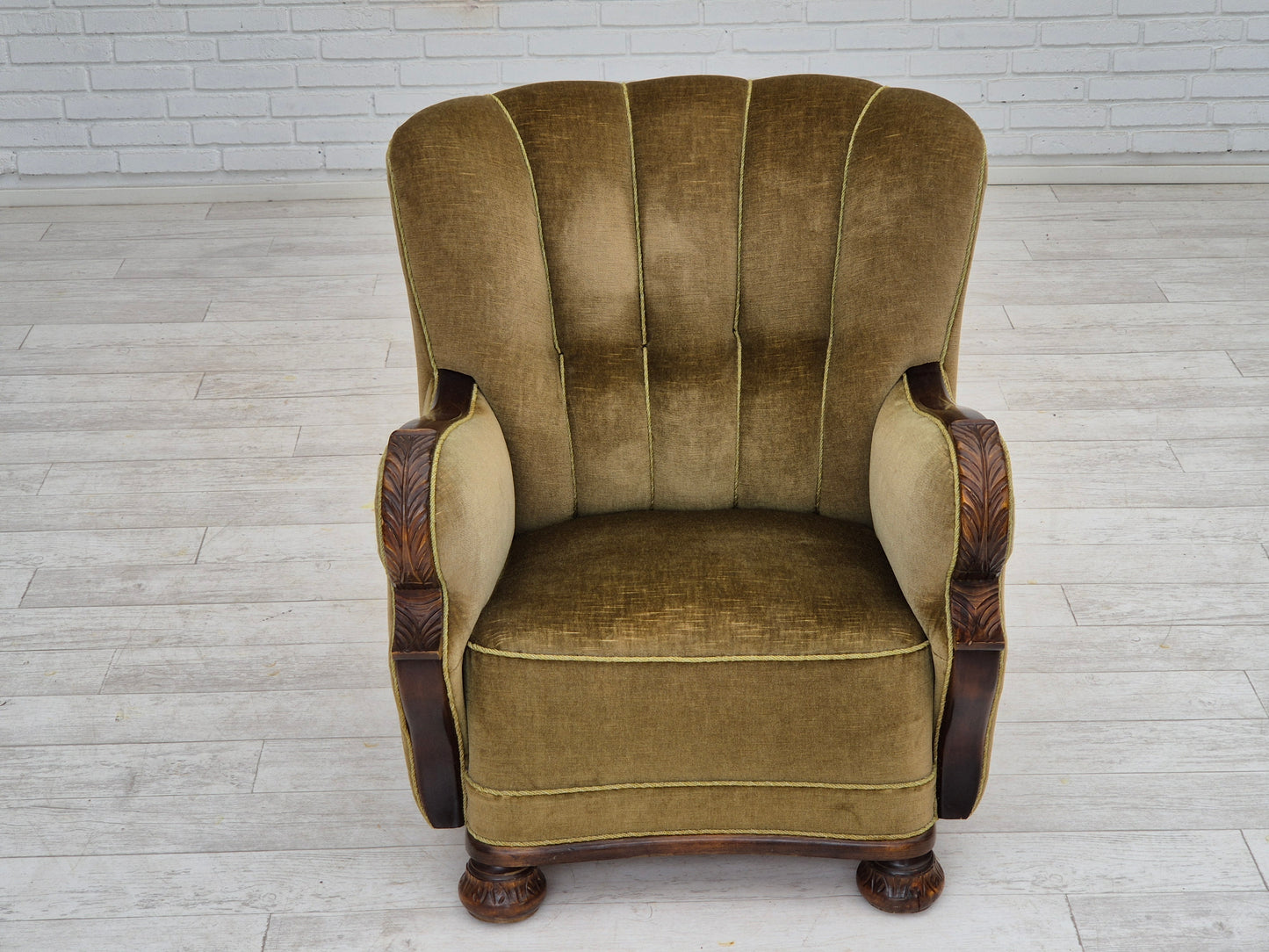 1960s, Danish vintage armchair, furniture velour, dark beech wood.