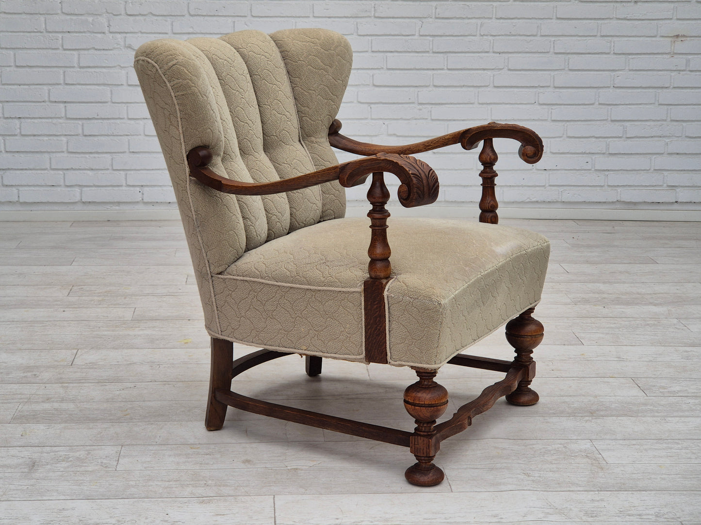 1950s, Danish armchair, original condition, cotton-wool fabric, hand carved oak wood.