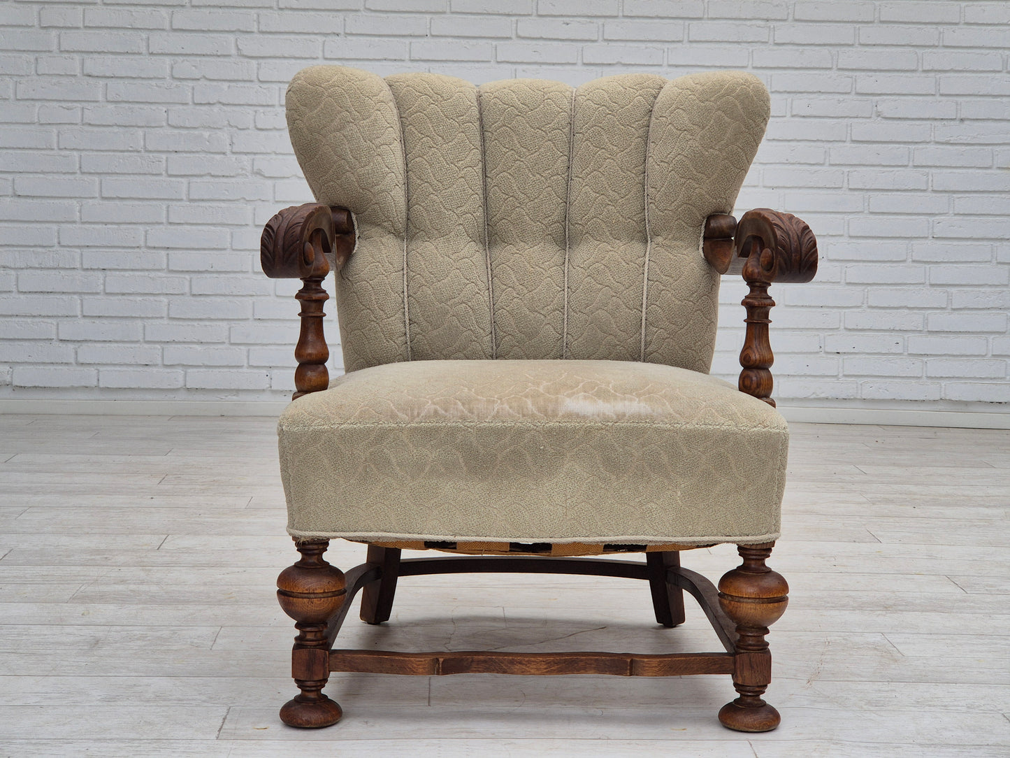 1950s, Danish armchair, original condition, cotton-wool fabric, hand carved oak wood.