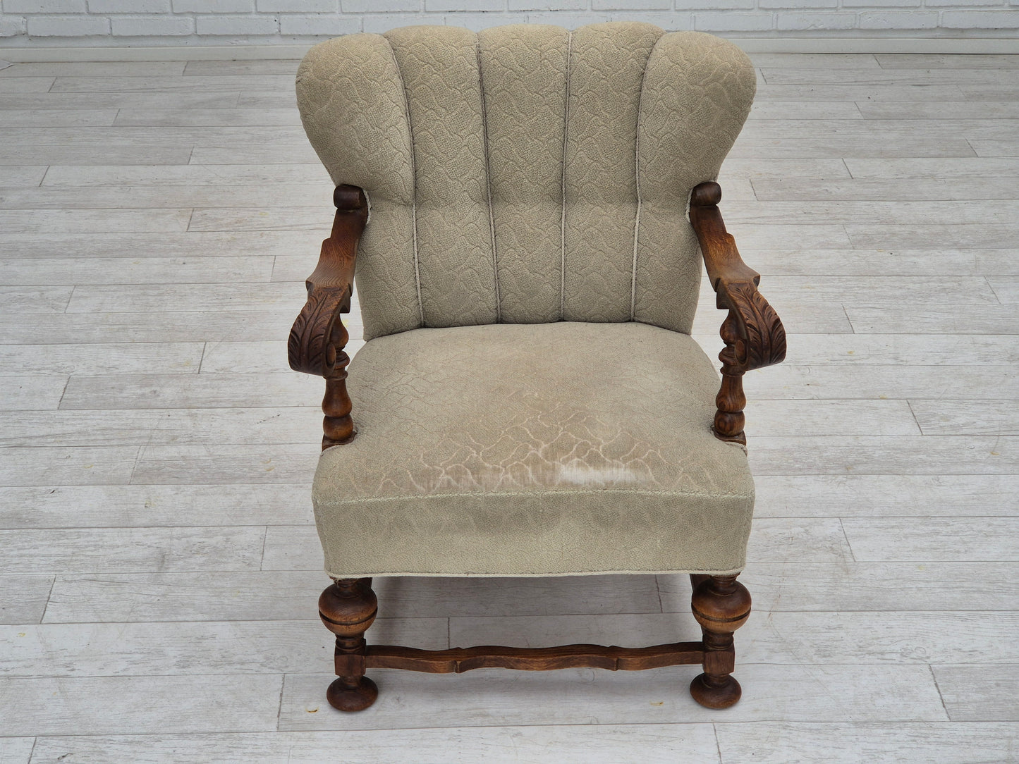 1950s, Danish armchair, original condition, cotton-wool fabric, hand carved oak wood.