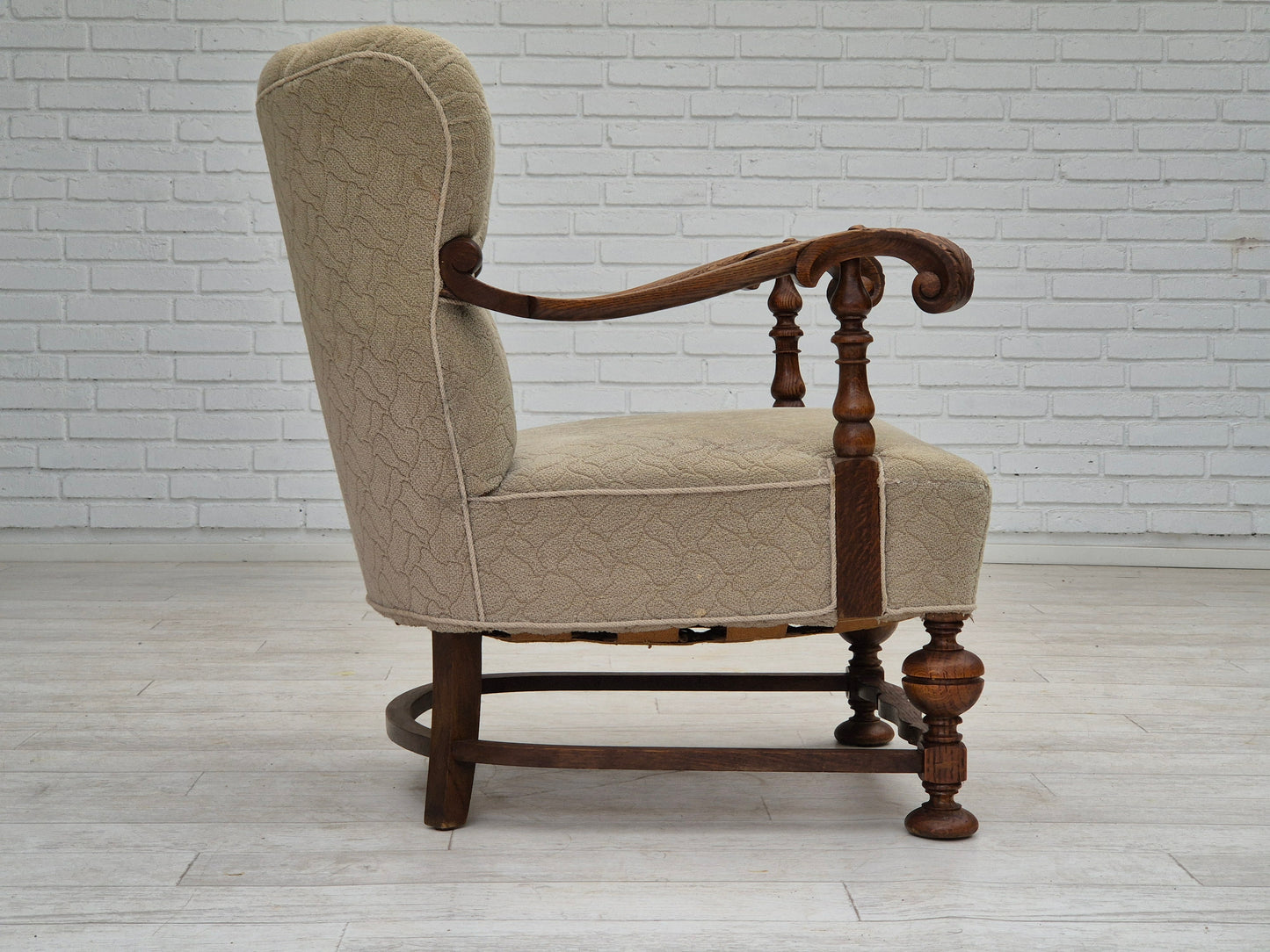 1950s, Danish armchair, original condition, cotton-wool fabric, hand carved oak wood.