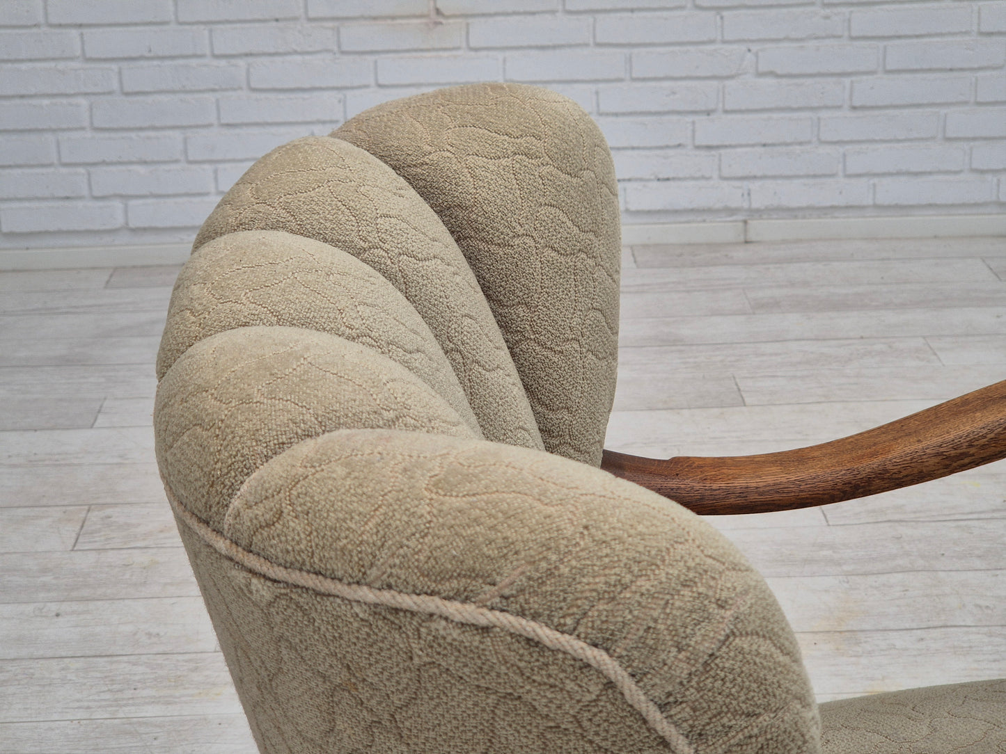 1950s, Danish armchair, original condition, cotton-wool fabric, hand carved oak wood.