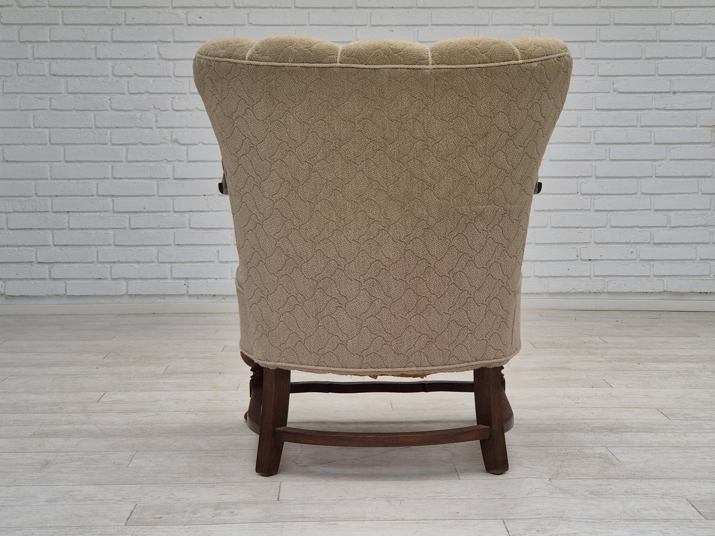 1950s, Danish armchair, original condition, cotton-wool fabric, hand carved oak wood.