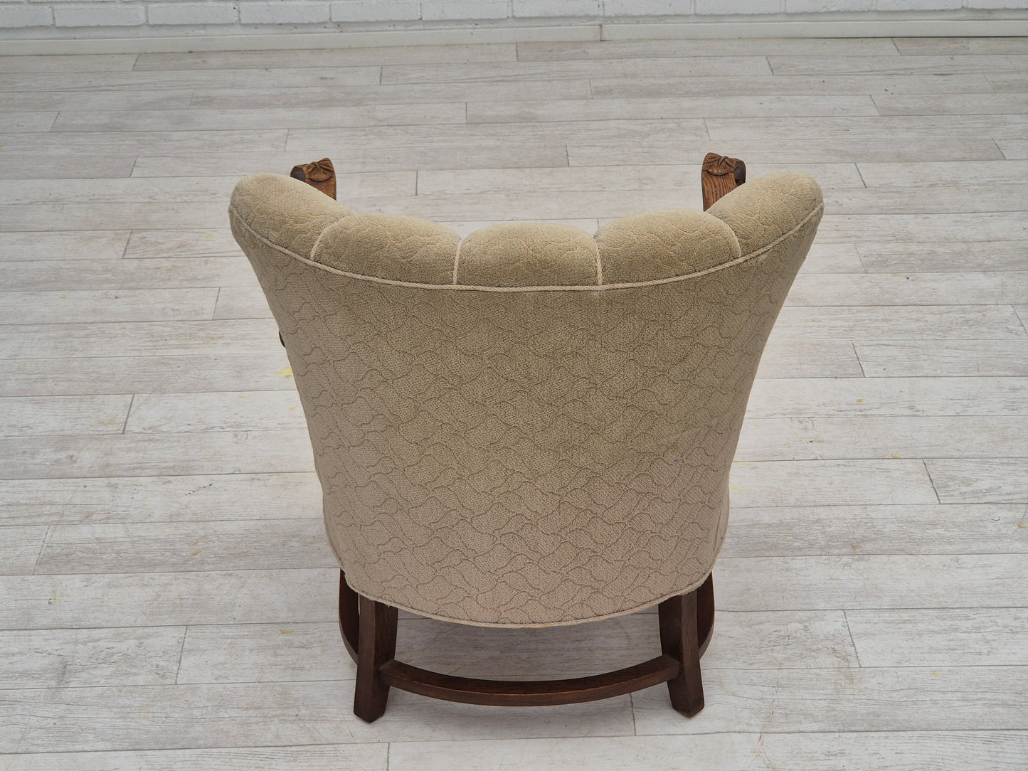 1950s, Danish armchair, original condition, cotton-wool fabric, hand carved oak wood.