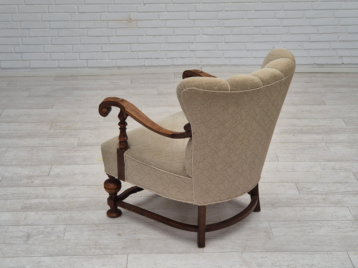 1950s, Danish armchair, original condition, cotton-wool fabric, hand carved oak wood.