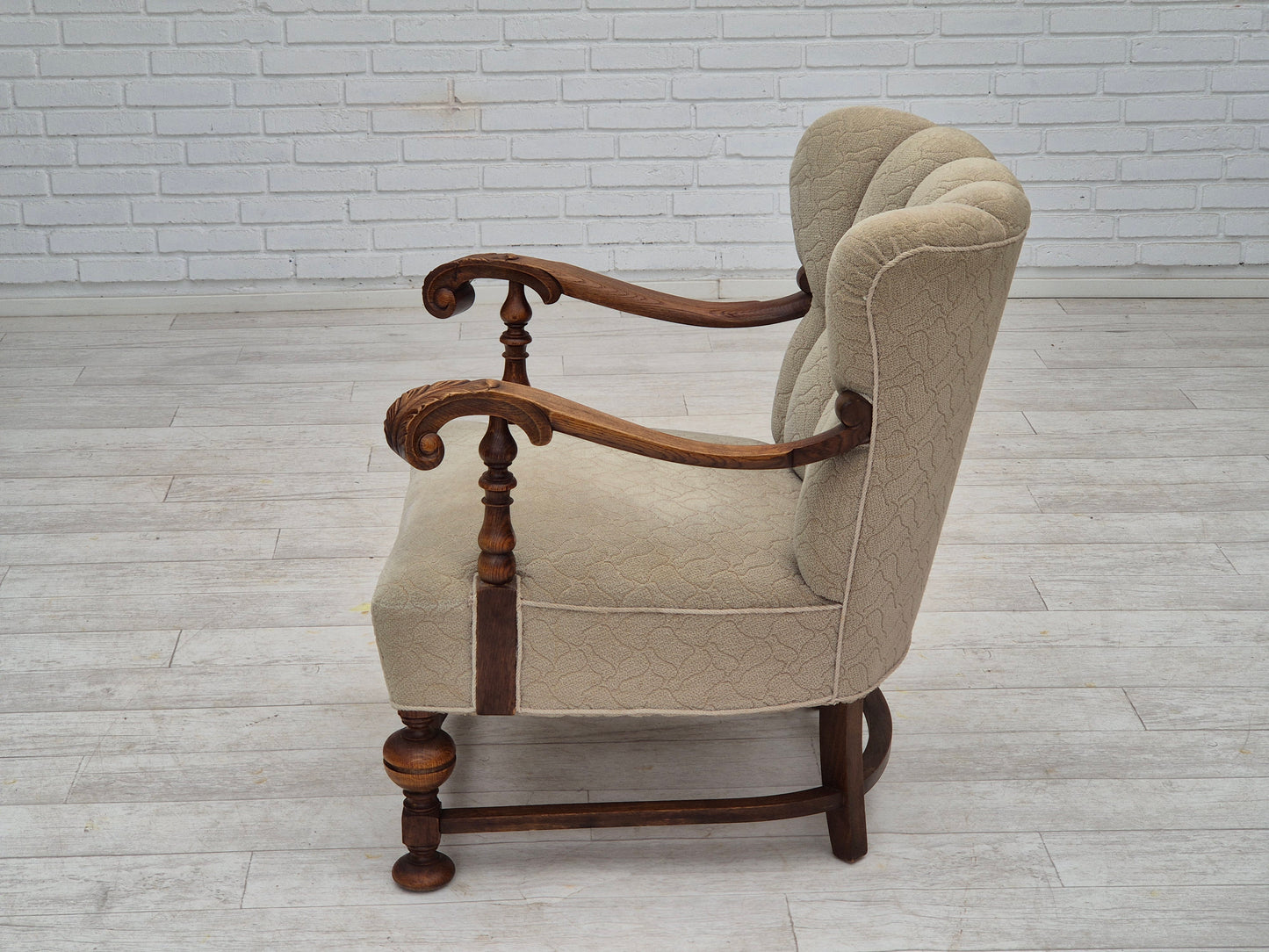 1950s, Danish armchair, original condition, cotton-wool fabric, hand carved oak wood.