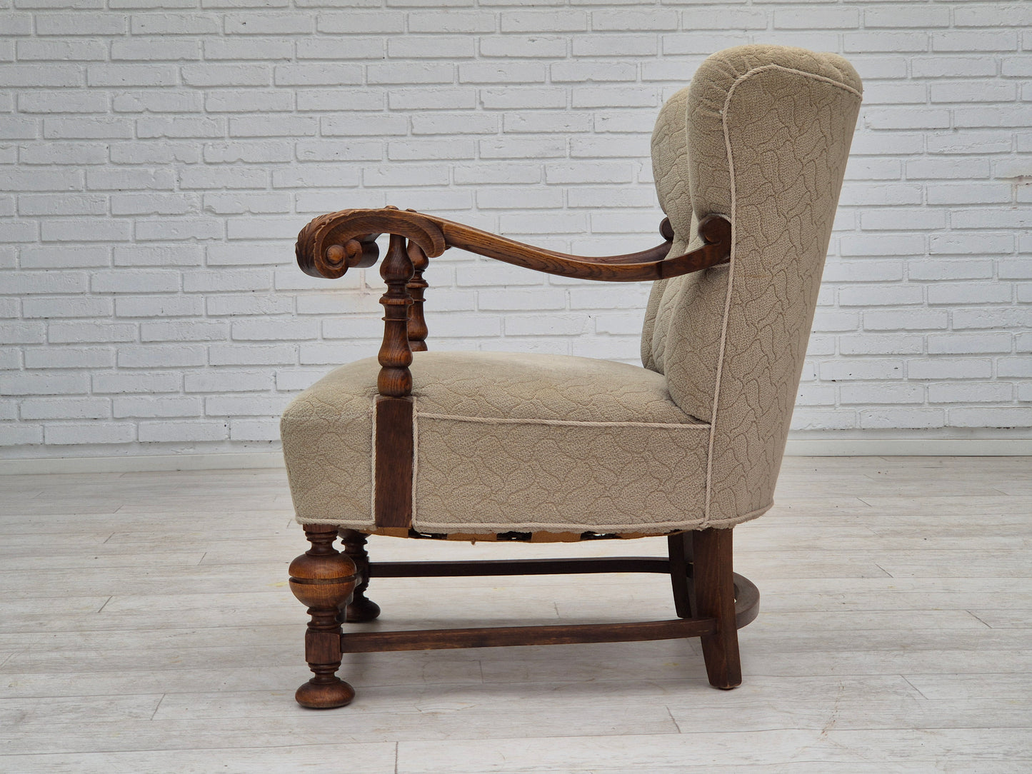 1950s, Danish armchair, original condition, cotton-wool fabric, hand carved oak wood.