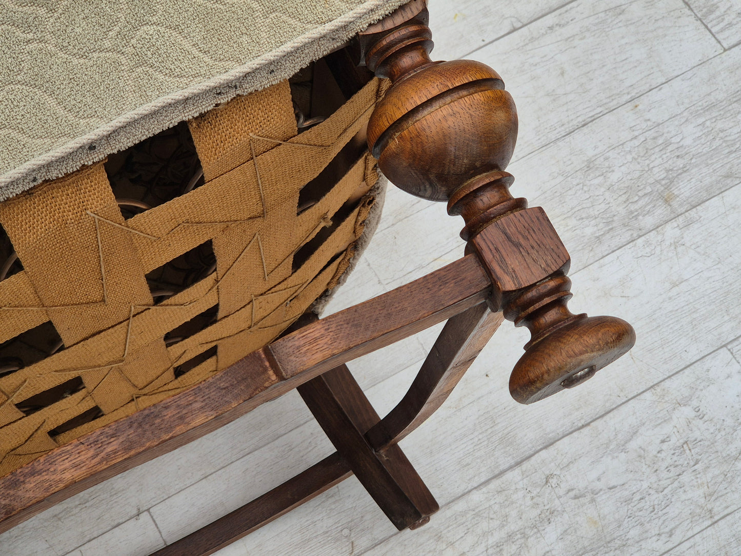 1950s, Danish armchair, original condition, cotton-wool fabric, hand carved oak wood.