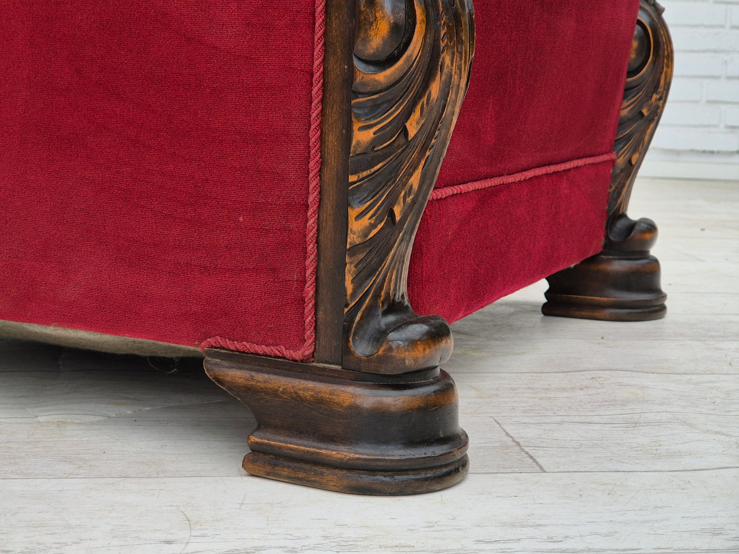 1950s, Danish armchair with footstool, furniture velour, ash wood.