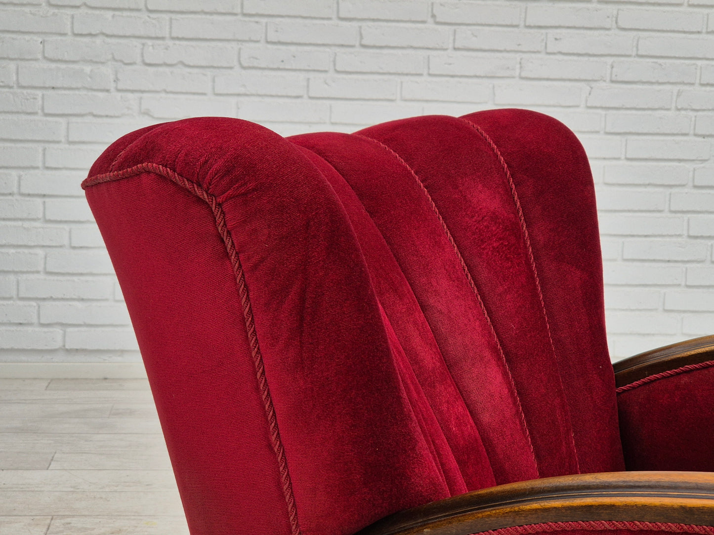 1950s, Danish armchair with footstool, furniture velour, ash wood.