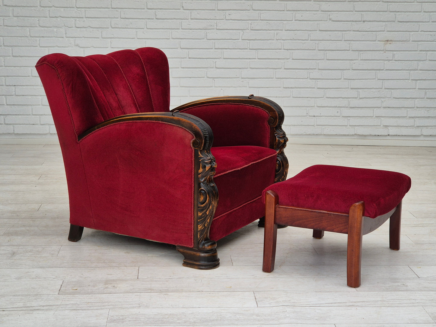 1950s, Danish armchair with footstool, furniture velour, ash wood.