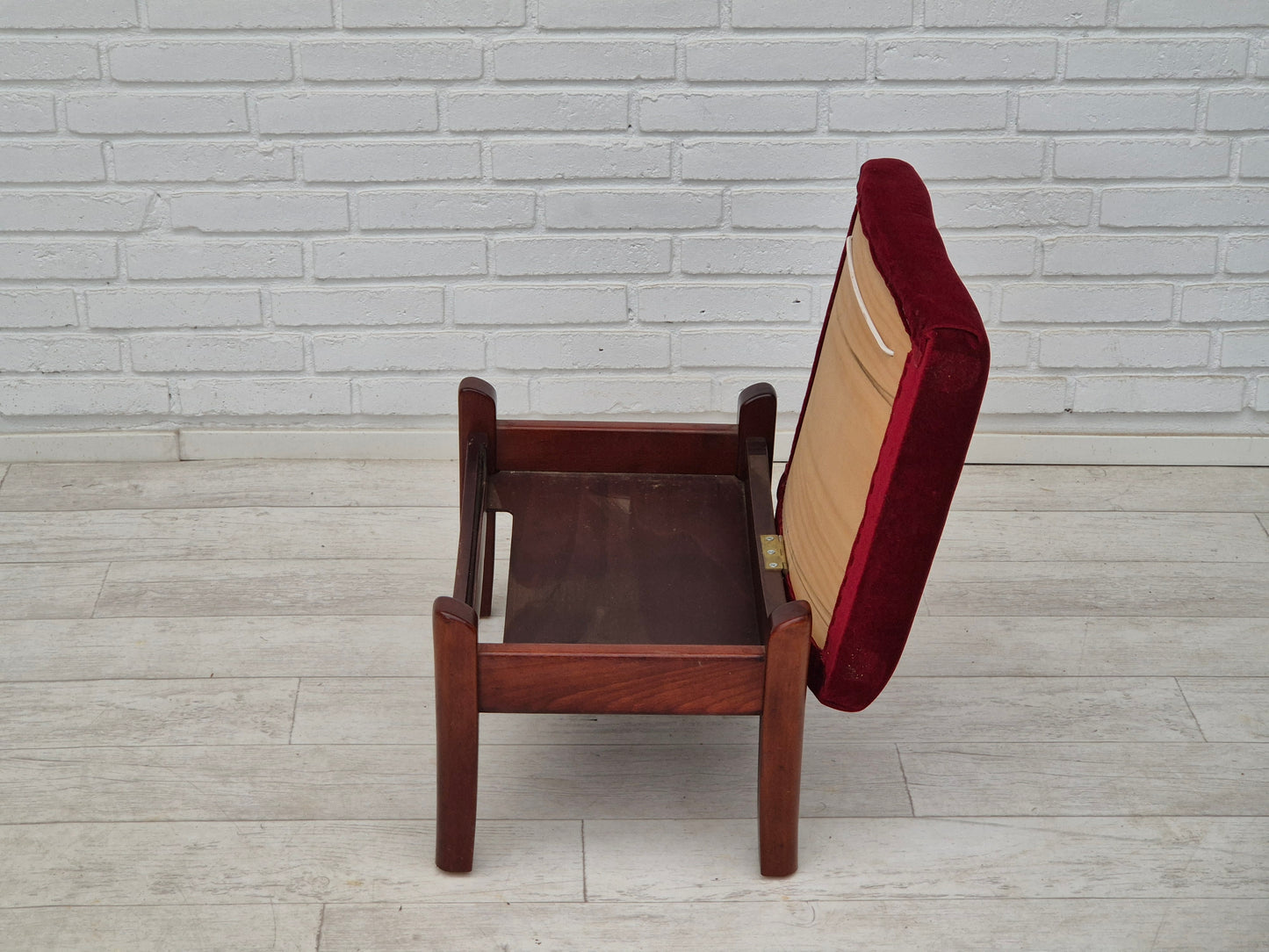 1950s, Danish armchair with footstool, furniture velour, ash wood.