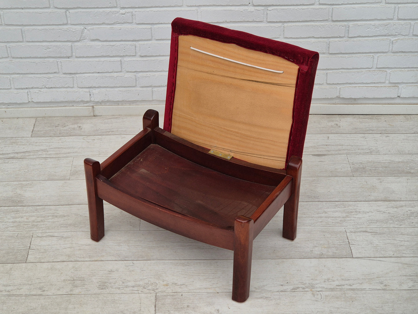 1950s, Danish armchair with footstool, furniture velour, ash wood.