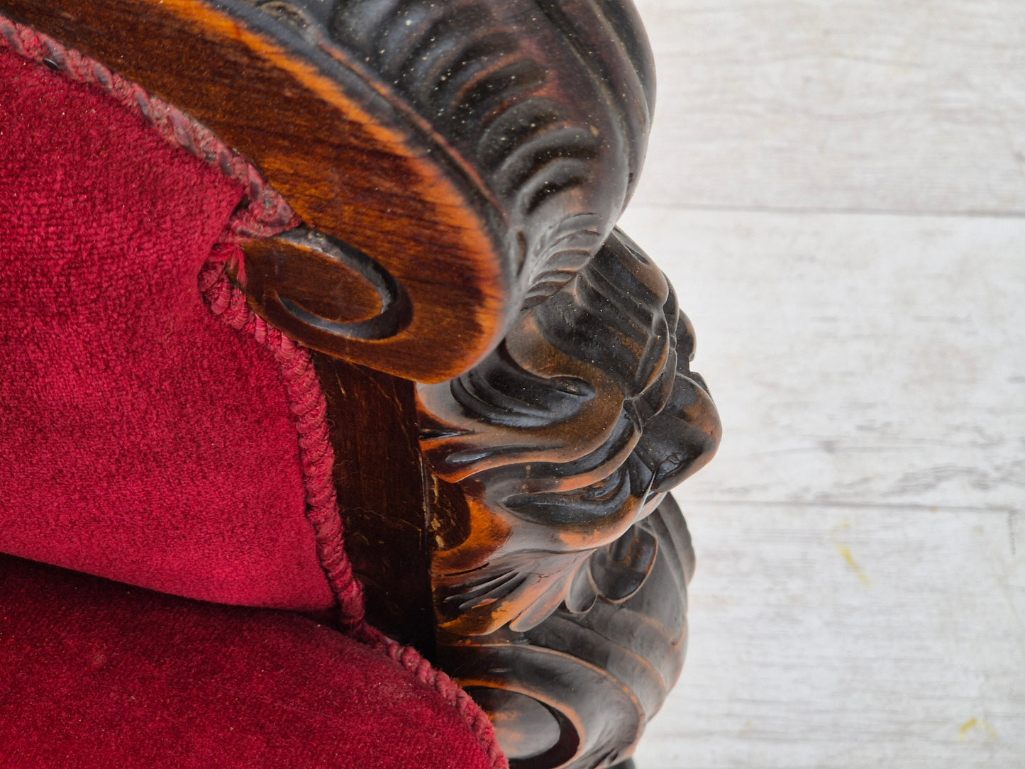 1950s, Danish armchair with footstool, furniture velour, ash wood.