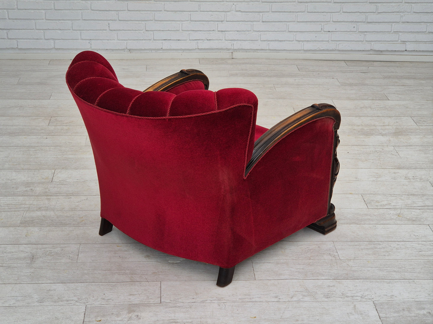 1950s, Danish armchair with footstool, furniture velour, ash wood.