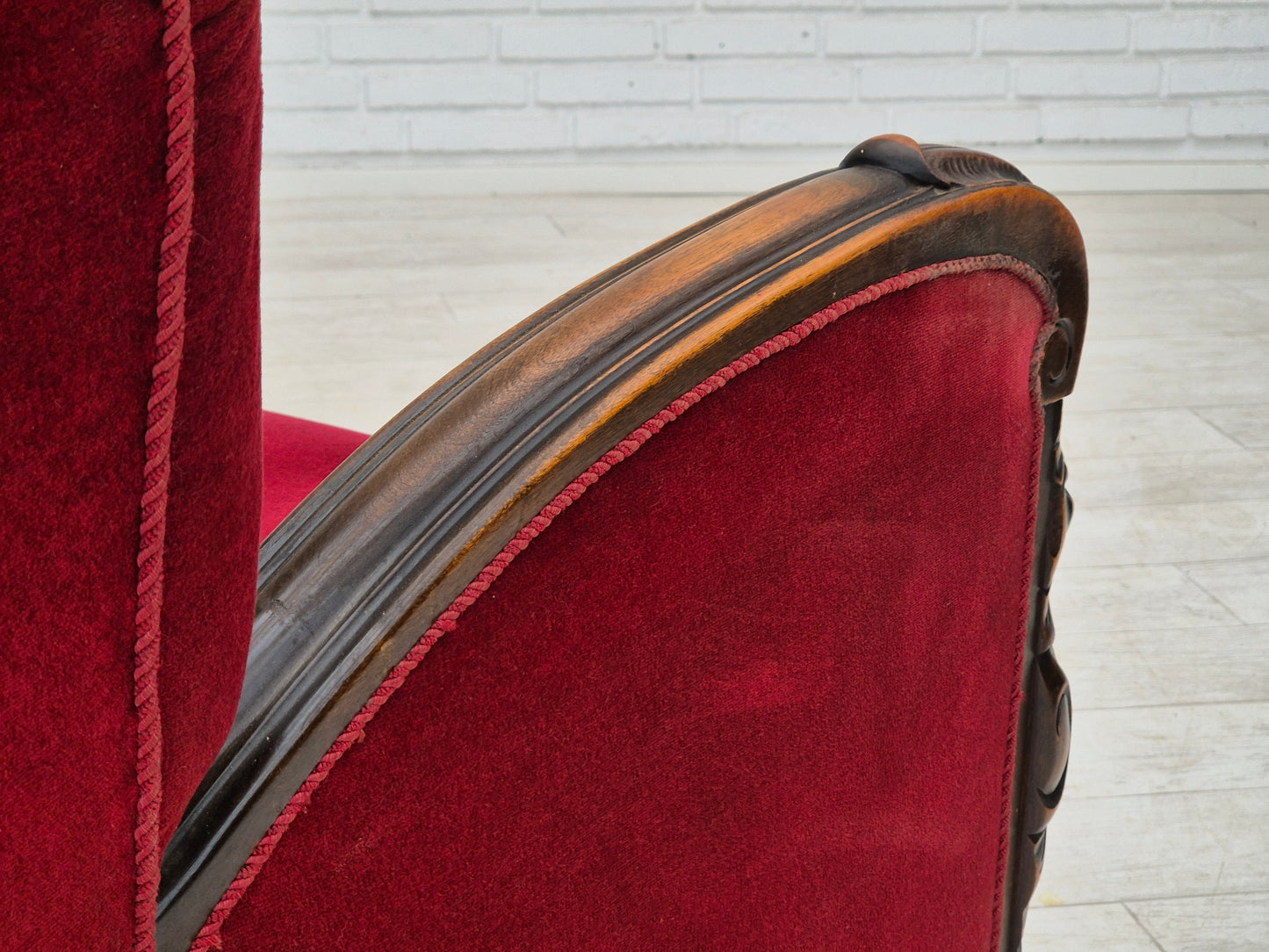 1950s, Danish armchair with footstool, furniture velour, ash wood.