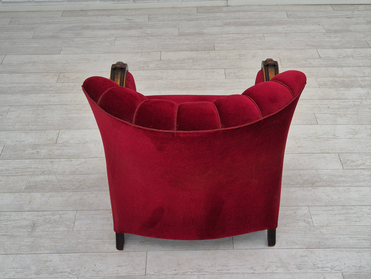 1950s, Danish armchair with footstool, furniture velour, ash wood.