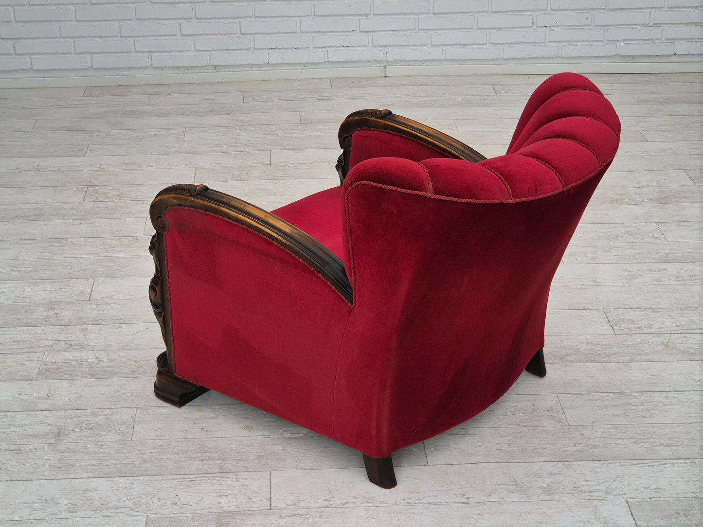 1950s, Danish armchair with footstool, furniture velour, ash wood.