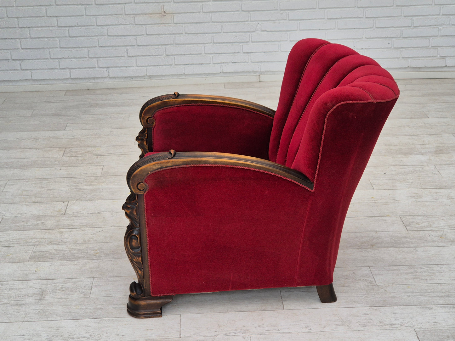 1950s, Danish armchair with footstool, furniture velour, ash wood.