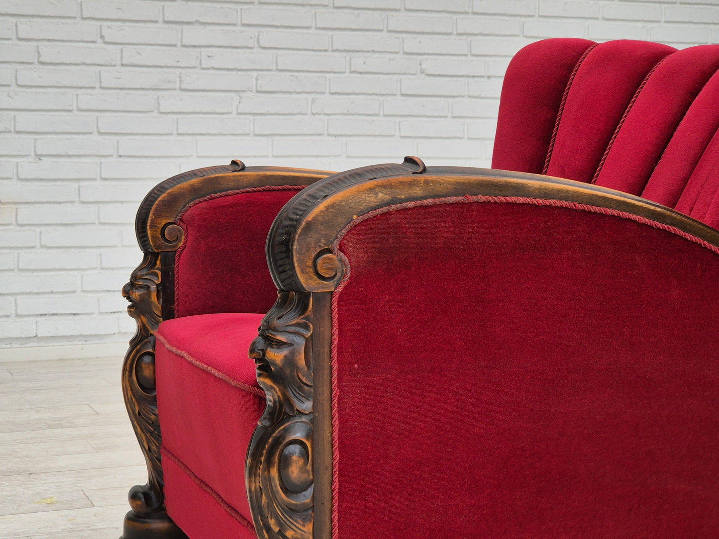 1950s, Danish armchair with footstool, furniture velour, ash wood.