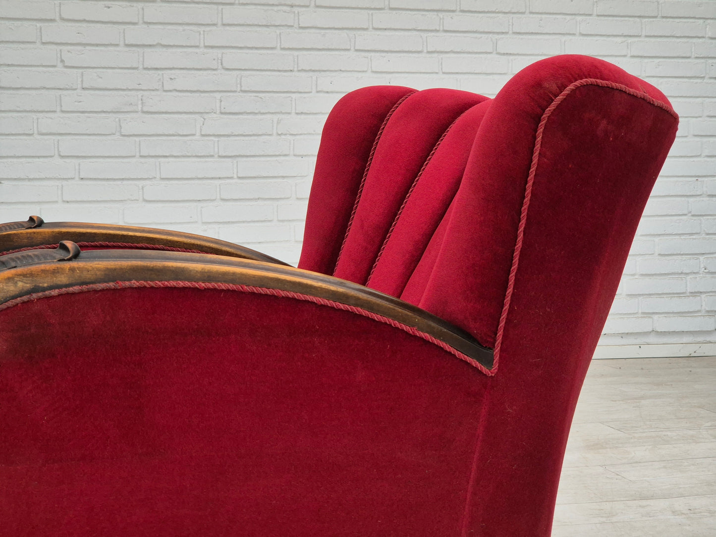 1950s, Danish armchair with footstool, furniture velour, ash wood.