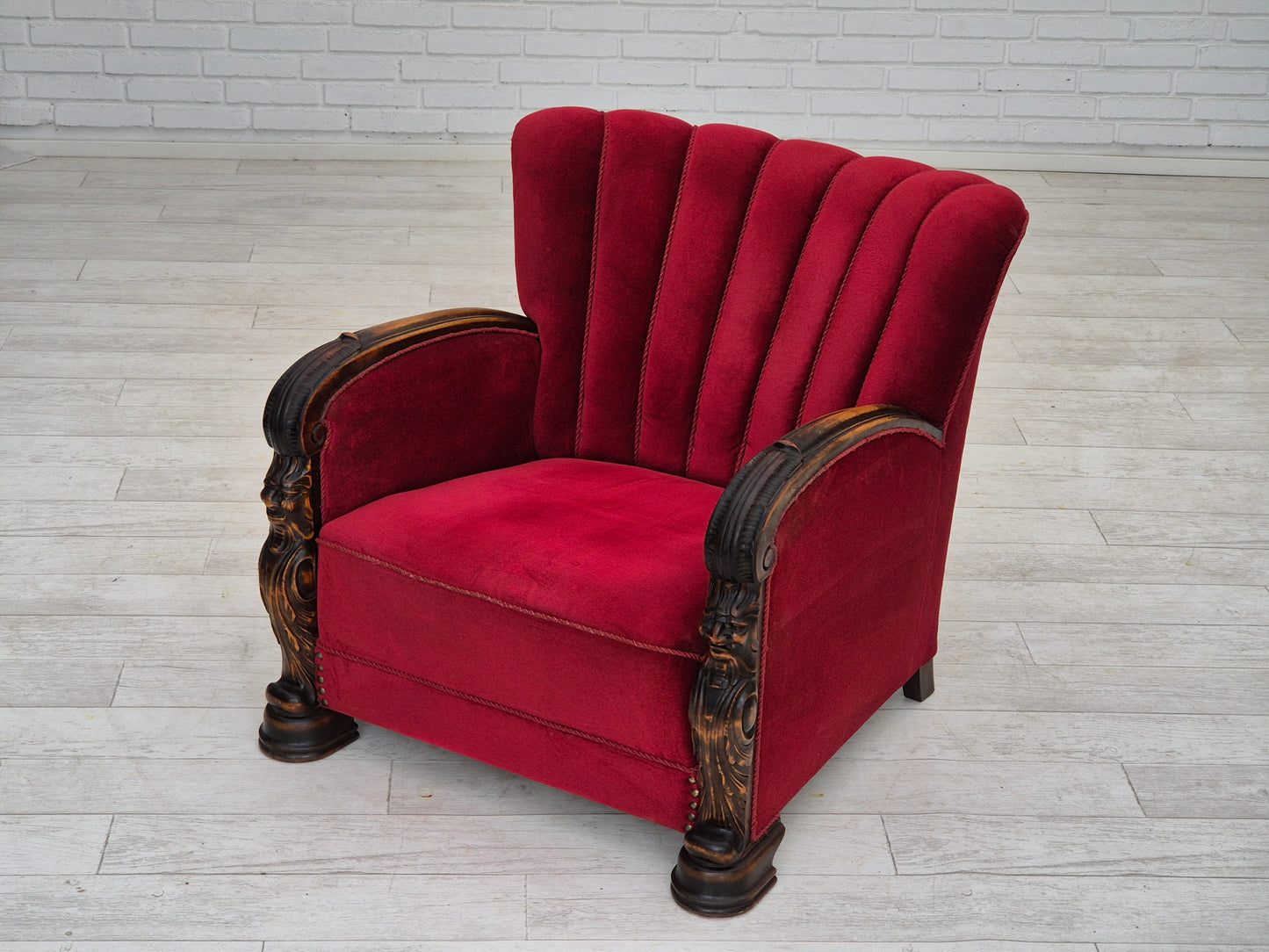 1950s, Danish armchair with footstool, furniture velour, ash wood.