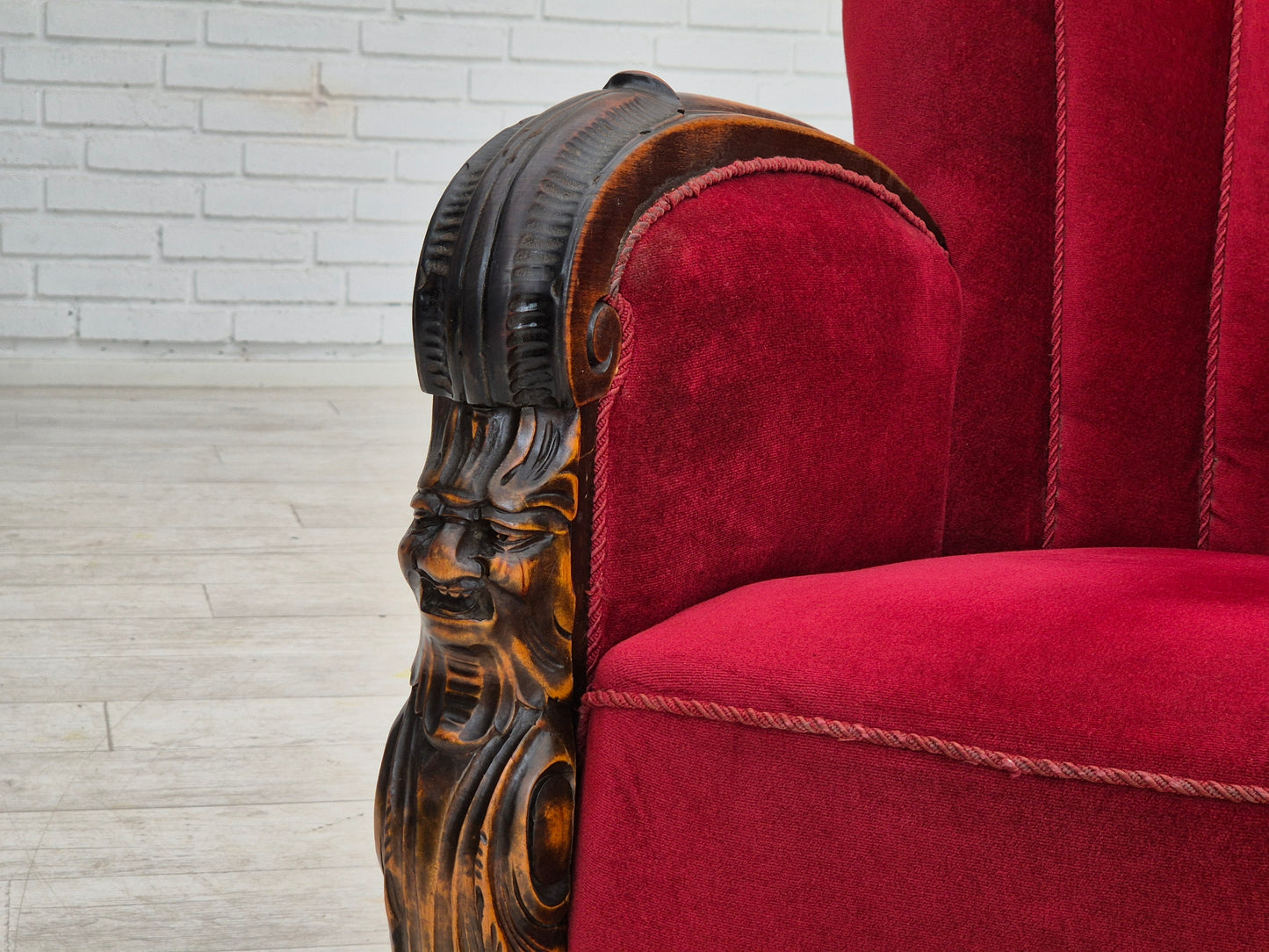 1950s, Danish armchair with footstool, furniture velour, ash wood.