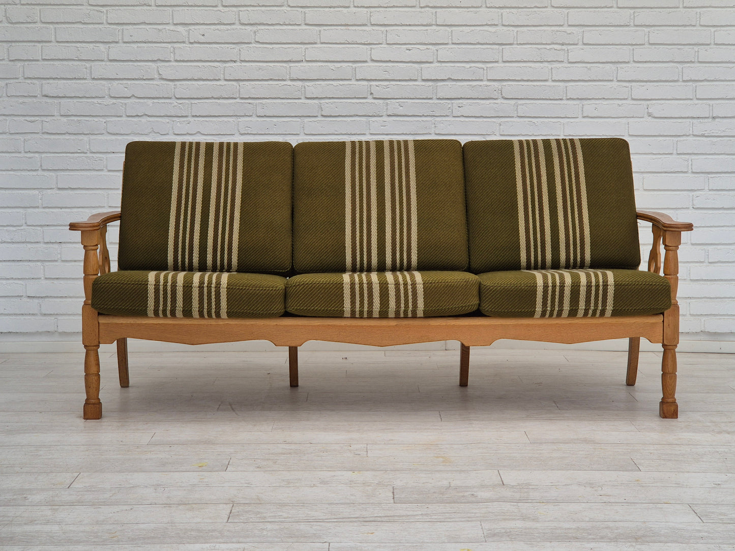 1970s, Danish 3 seater sofa, original condition, furniture wool, solid oak wood.