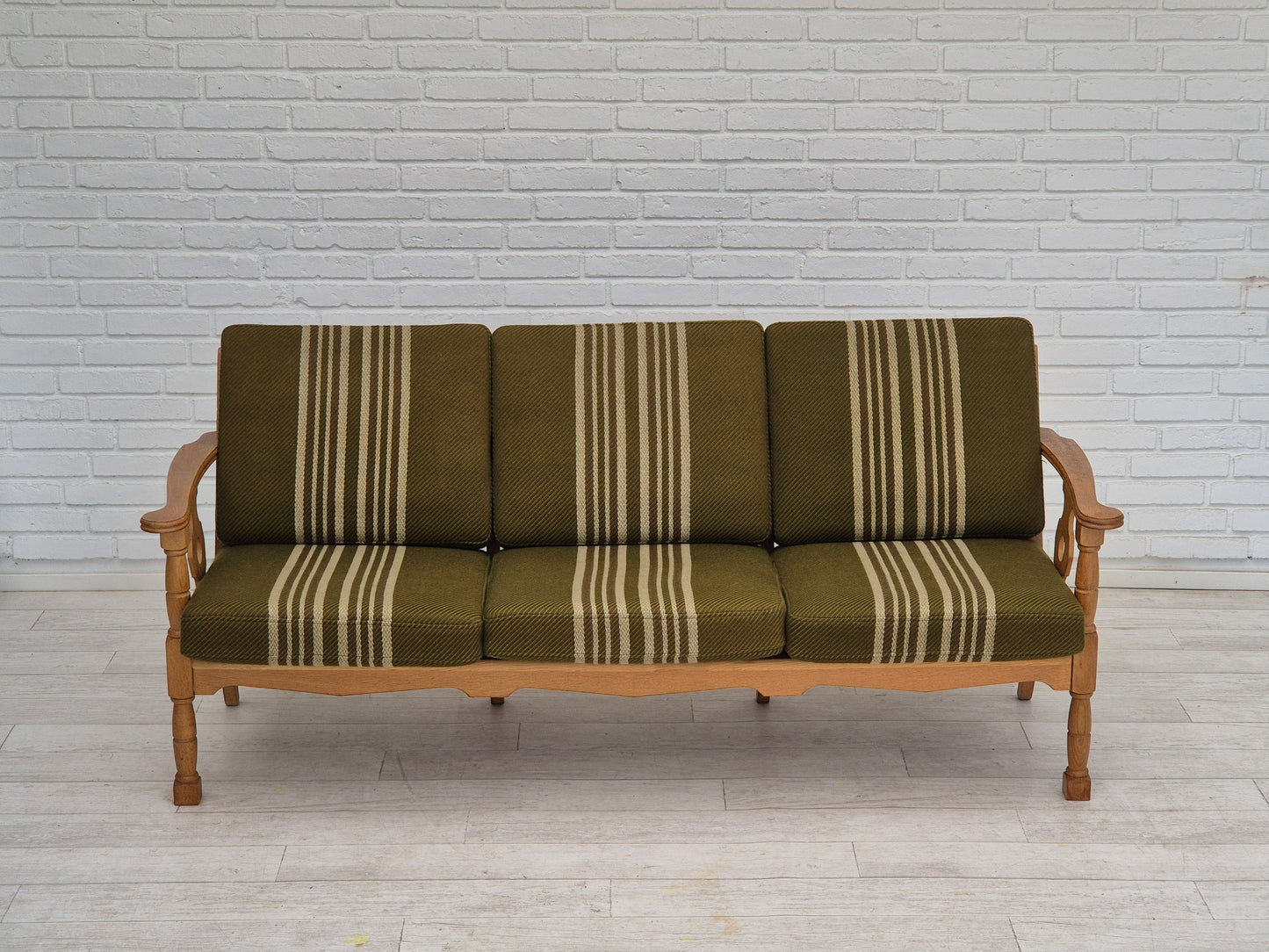 1970s, Danish 3 seater sofa, original condition, furniture wool, solid oak wood.