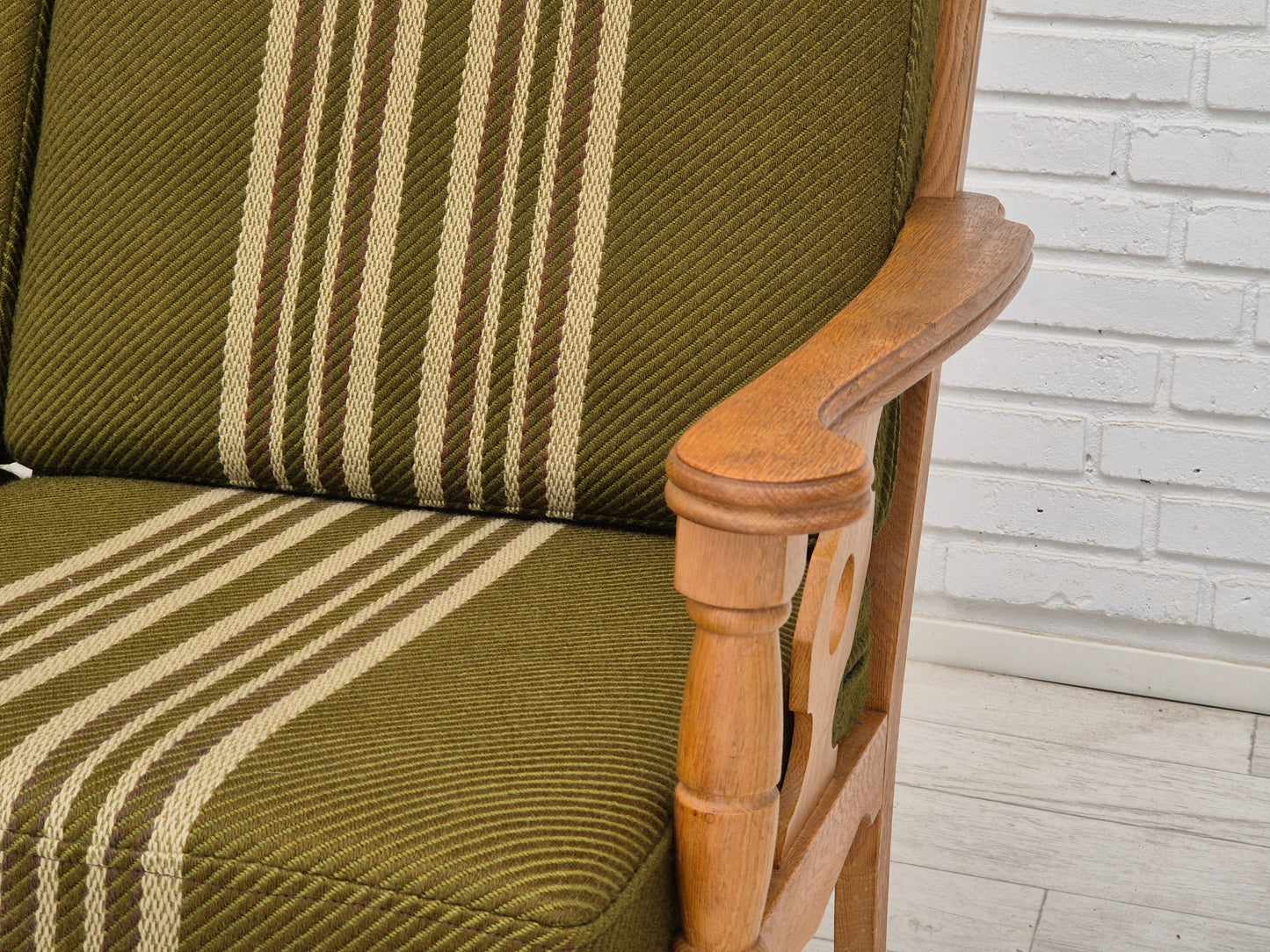 1970s, Danish 3 seater sofa, original condition, furniture wool, solid oak wood.