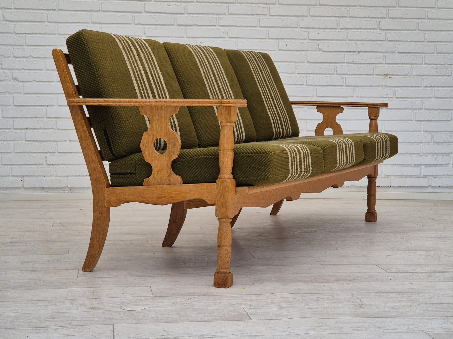 1970s, Danish 3 seater sofa, original condition, furniture wool, solid oak wood.