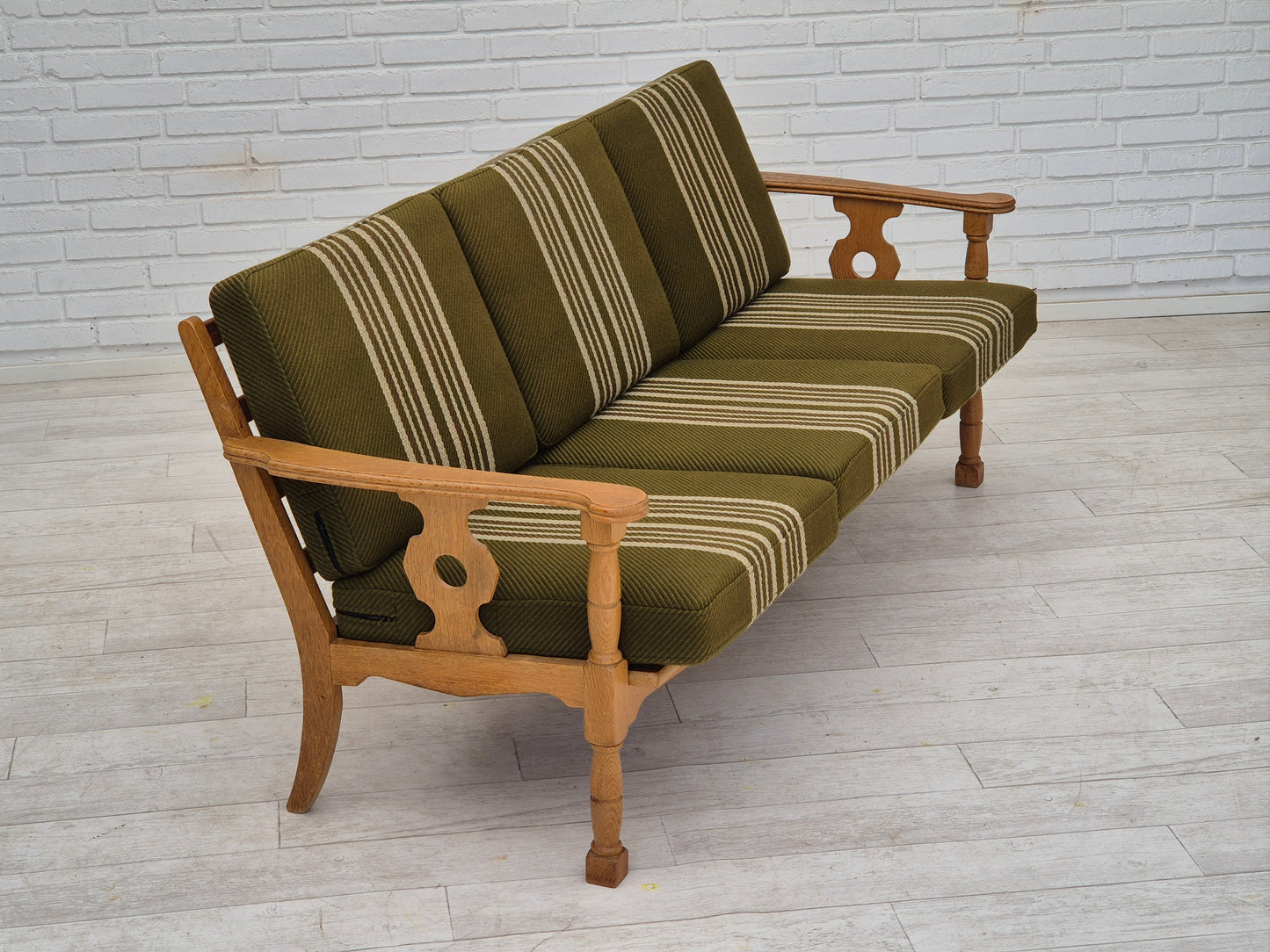 1970s, Danish 3 seater sofa, original condition, furniture wool, solid oak wood.