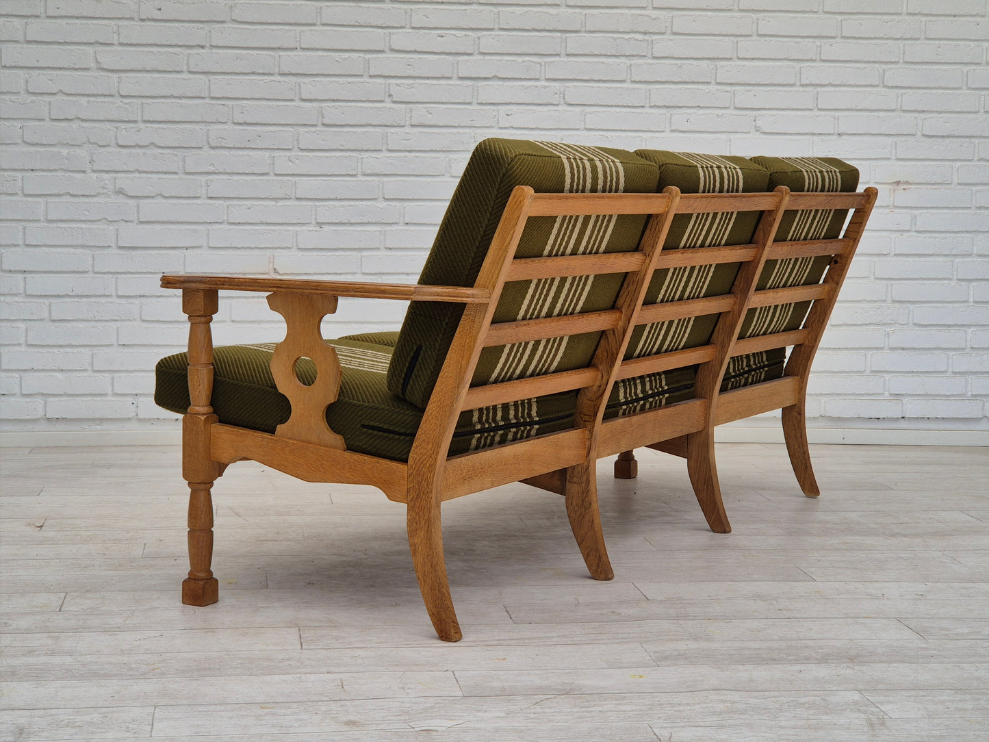 1970s, Danish 3 seater sofa, original condition, furniture wool, solid oak wood.