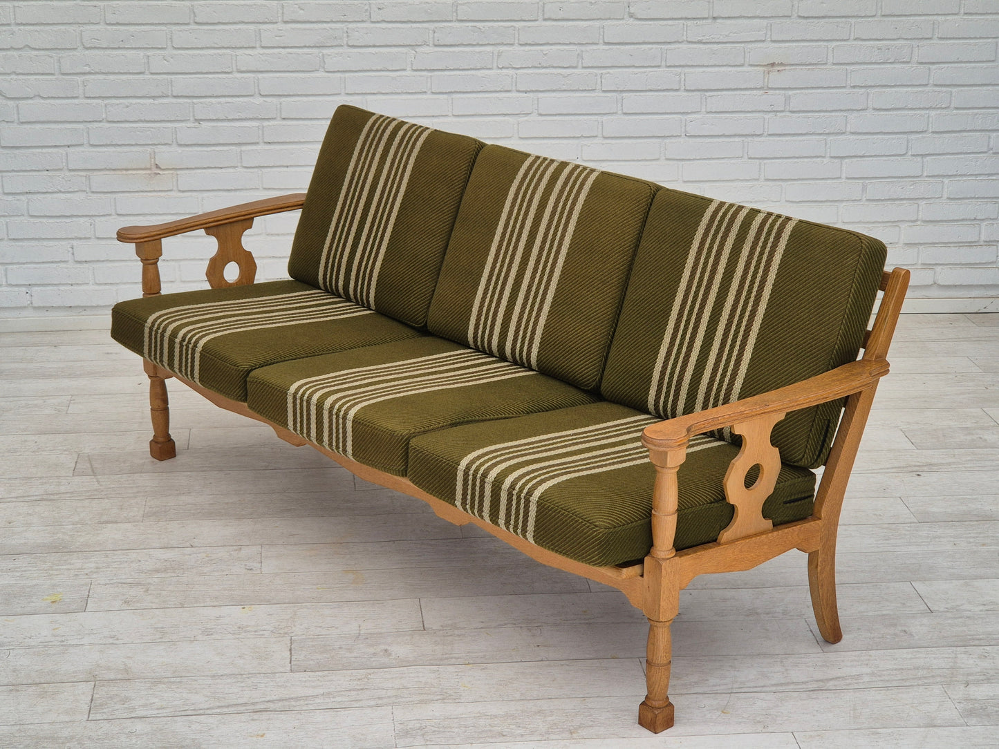 1970s, Danish 3 seater sofa, original condition, furniture wool, solid oak wood.