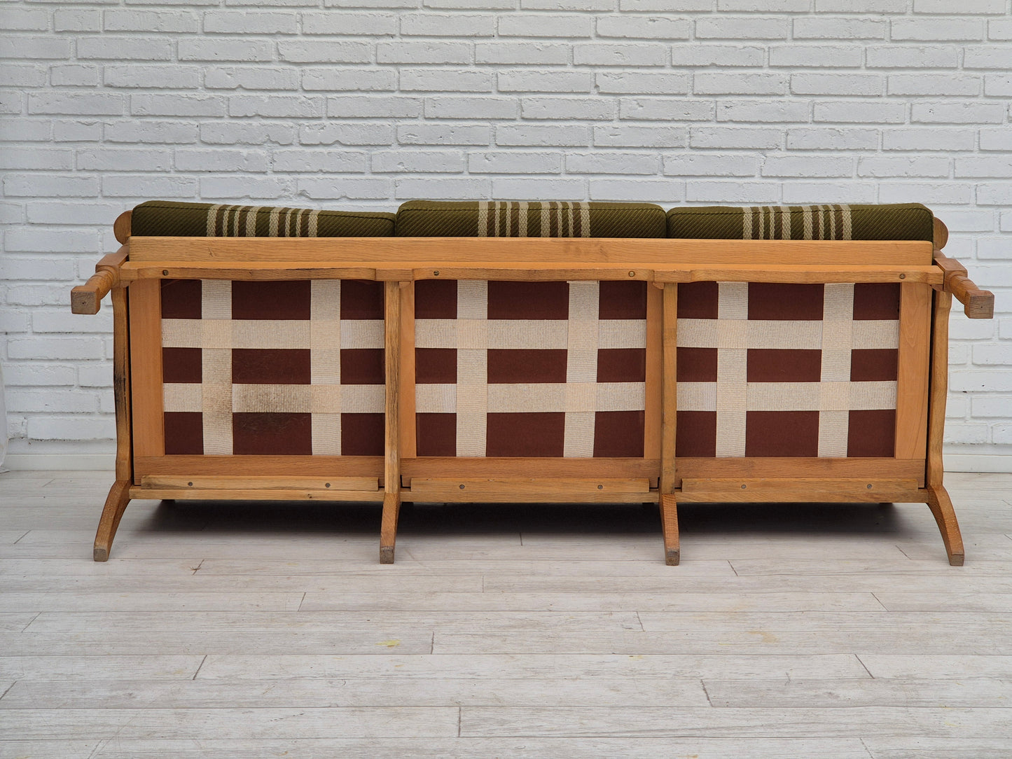 1970s, Danish 3 seater sofa, original condition, furniture wool, solid oak wood.