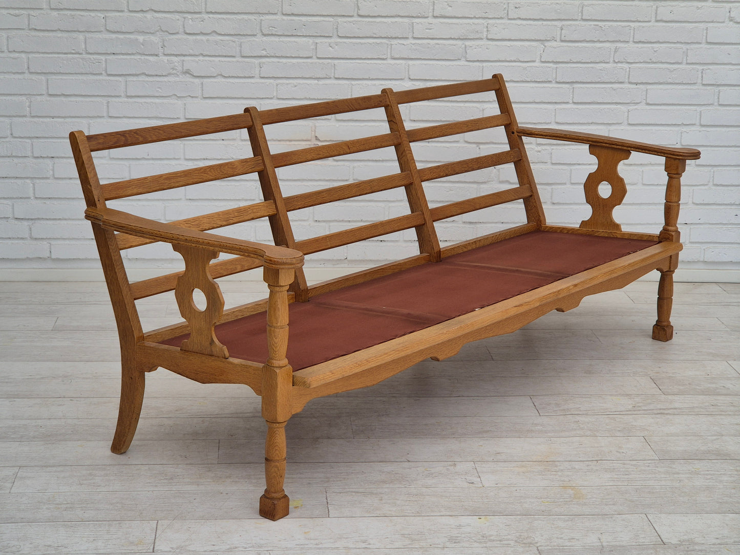 1970s, Danish 3 seater sofa, original condition, furniture wool, solid oak wood.