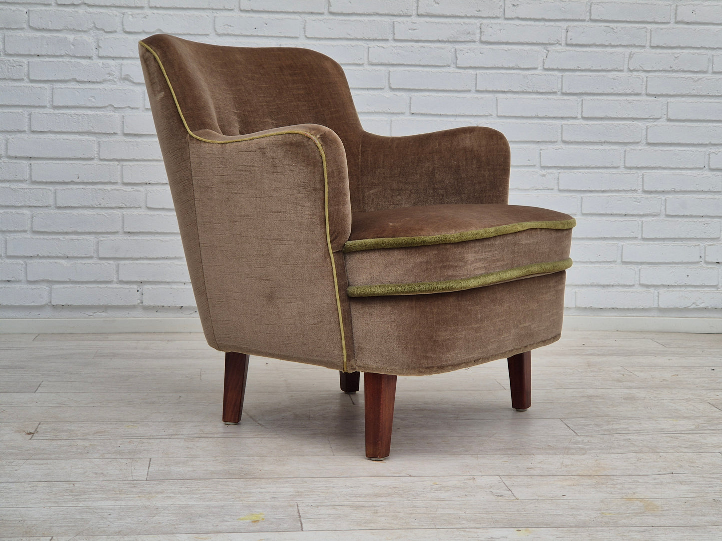 1960s, Danish armchair, original good condition, furniture velour, beech wood legs.