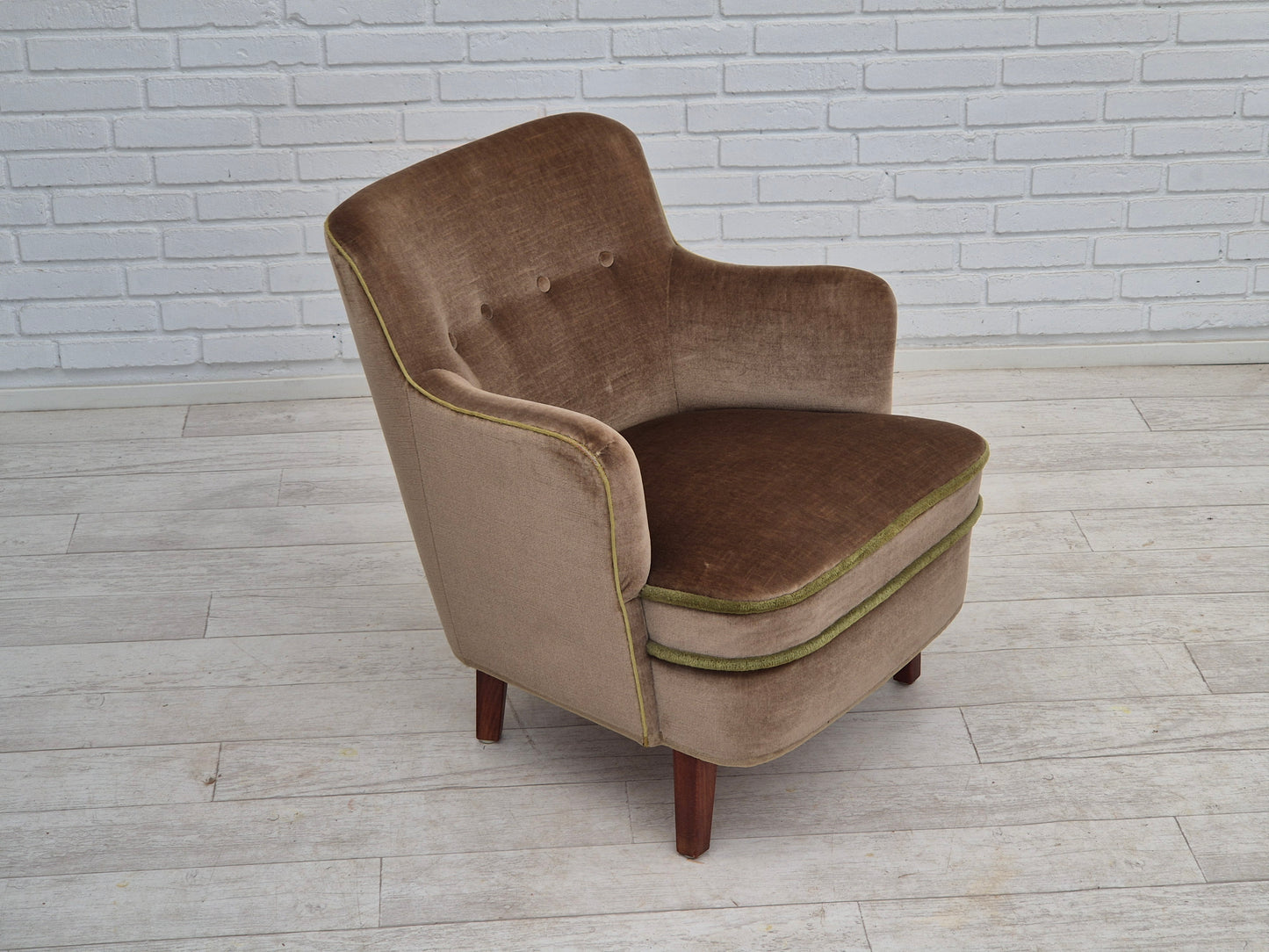 1960s, Danish armchair, original good condition, furniture velour, beech wood legs.