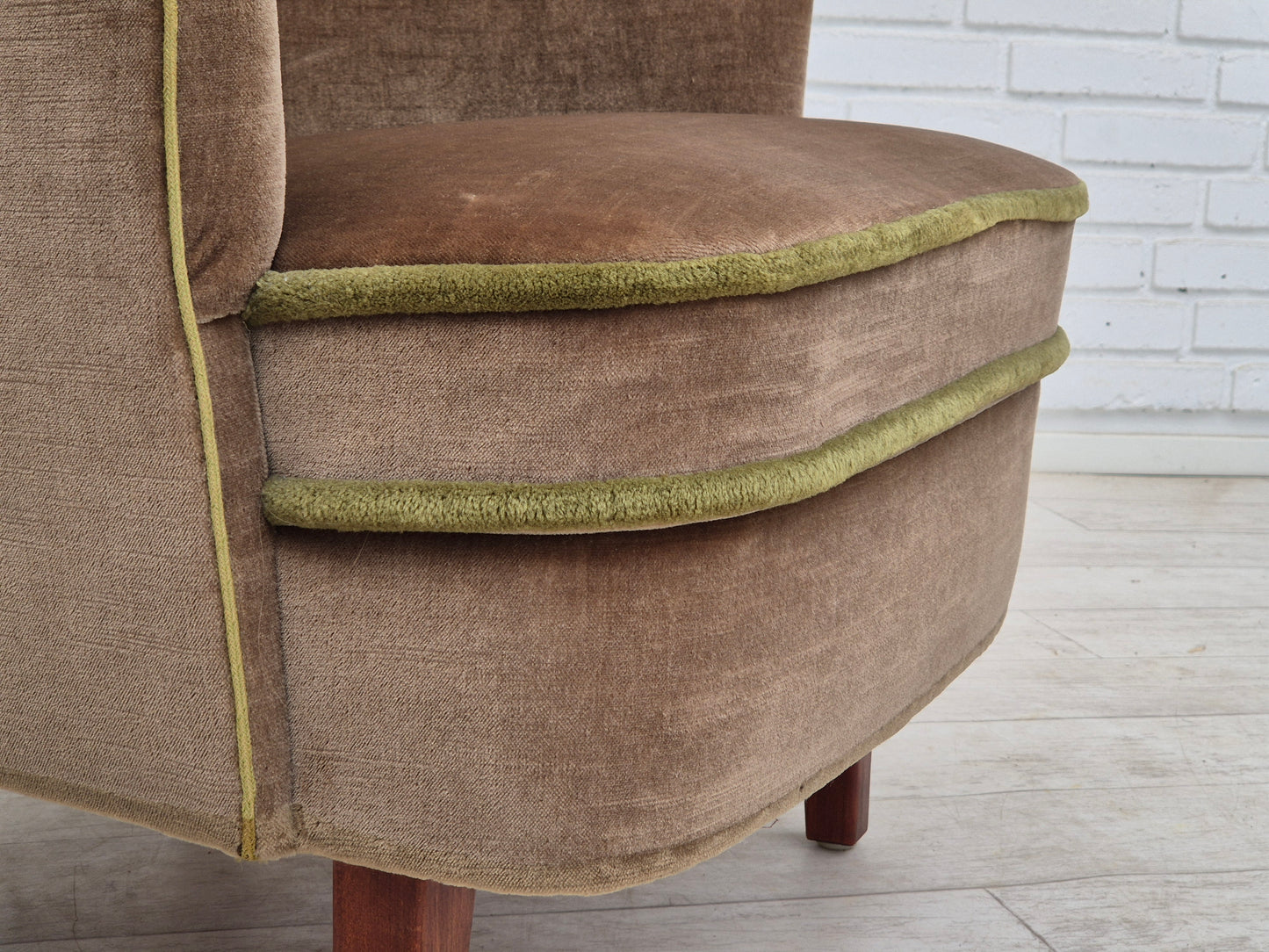 1960s, Danish armchair, original good condition, furniture velour, beech wood legs.