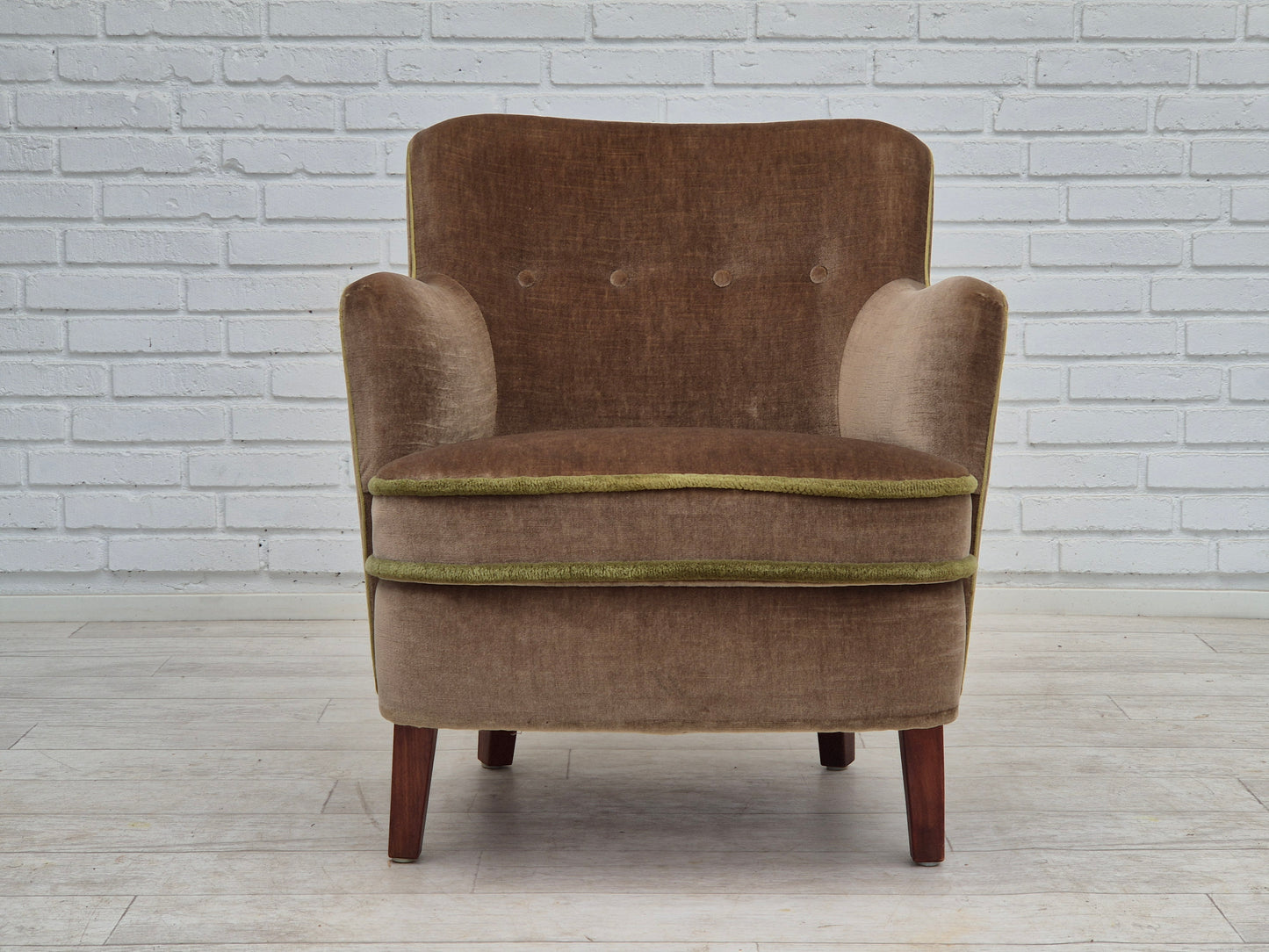 1960s, Danish armchair, original good condition, furniture velour, beech wood legs.