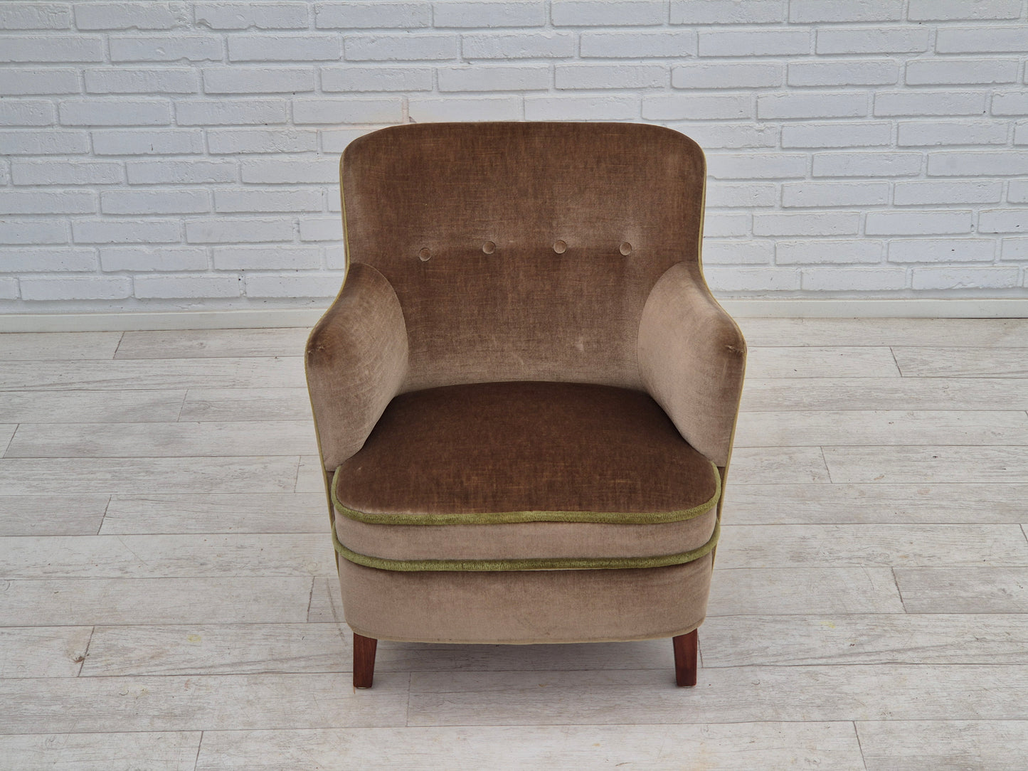 1960s, Danish armchair, original good condition, furniture velour, beech wood legs.