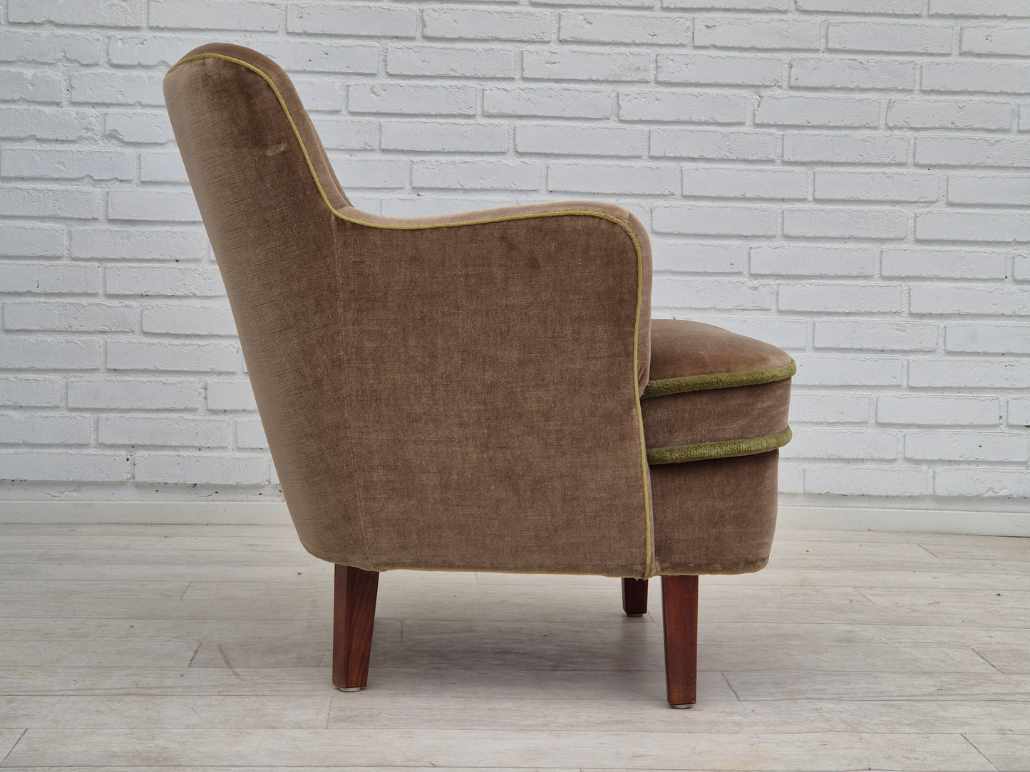 1960s, Danish armchair, original good condition, furniture velour, beech wood legs.