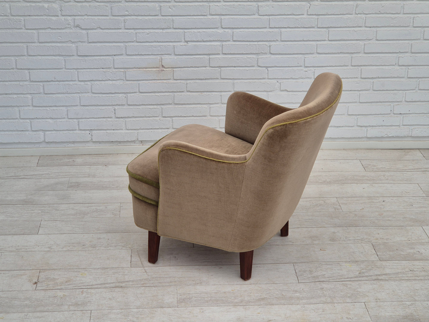 1960s, Danish armchair, original good condition, furniture velour, beech wood legs.