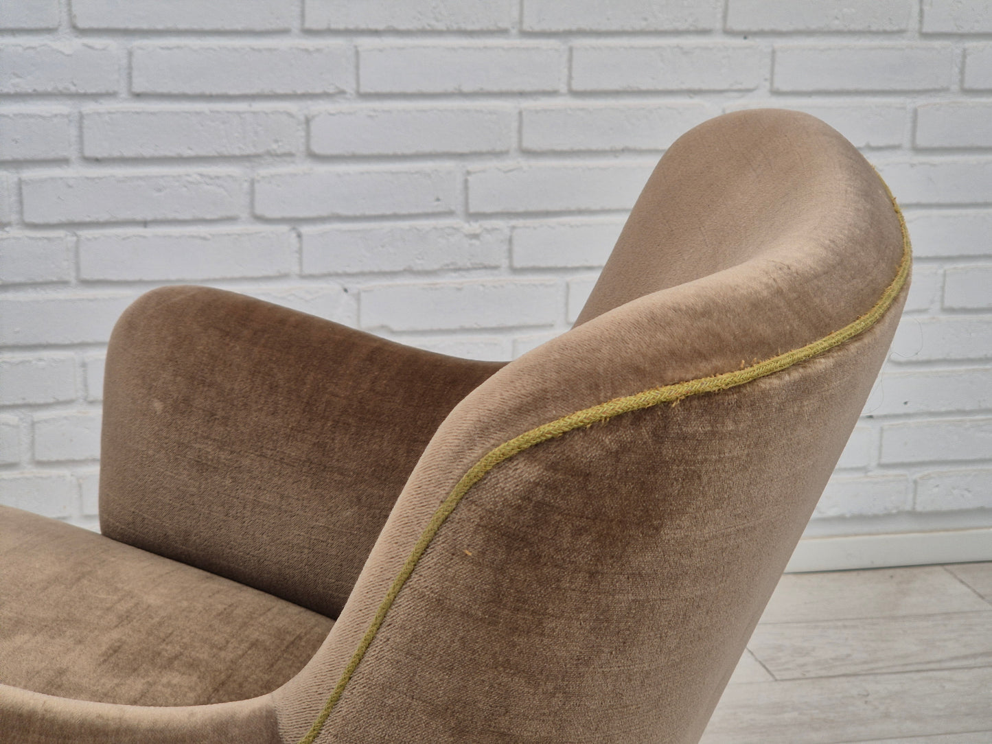 1960s, Danish armchair, original good condition, furniture velour, beech wood legs.