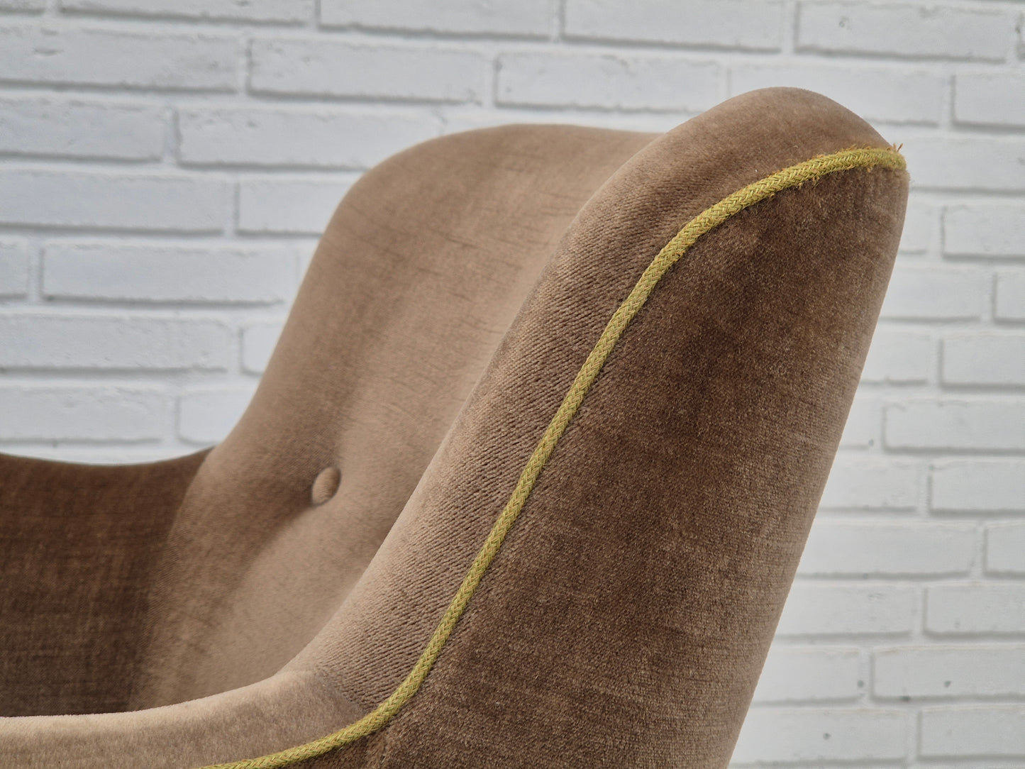 1960s, Danish armchair, original good condition, furniture velour, beech wood legs.