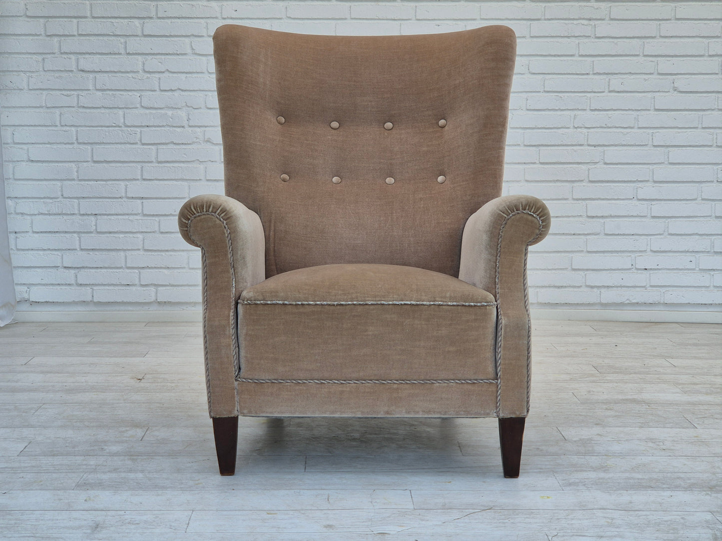 1970s, Danish highback armchair, original condition, furniture velour, bech wood.