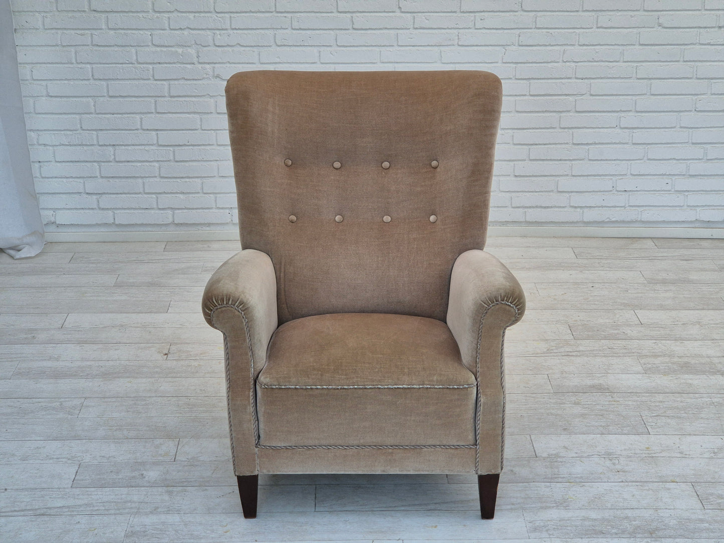 1970s, Danish highback armchair, original condition, furniture velour, bech wood.