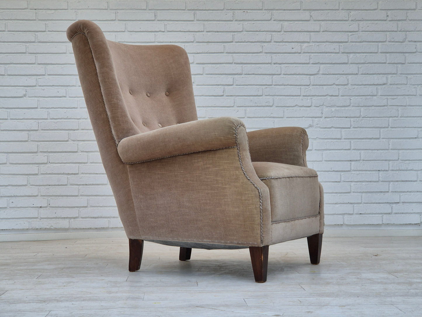 1970s, Danish highback armchair, original condition, furniture velour, bech wood.